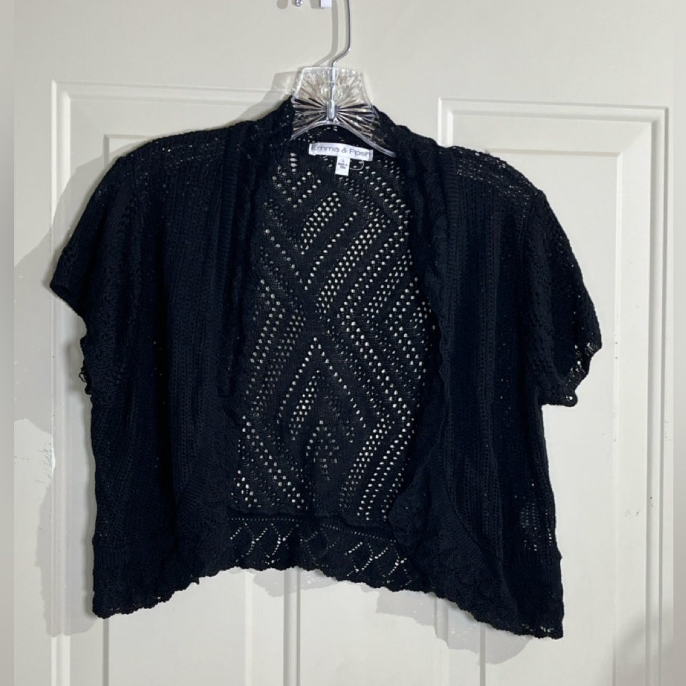 Emma & Posh Black Open Knit Shrug Cardigan Short Sleeve Size L Made in USA